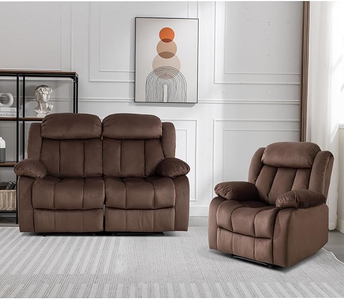EBELLO Manual Reclining Sofa Set, Classic Recliner Sofa with Overstuffed Arms and Backrest, Include 1 Recliner Chair, 1 Loveseat Couch, Brown