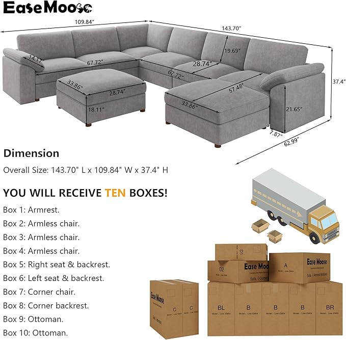EASE MOOSE Sectional Modular Sofa,Oversized U Shape Sectional Couch Wide Deep seat Sectional Sofa,FSC Certified Comfortable Chenille