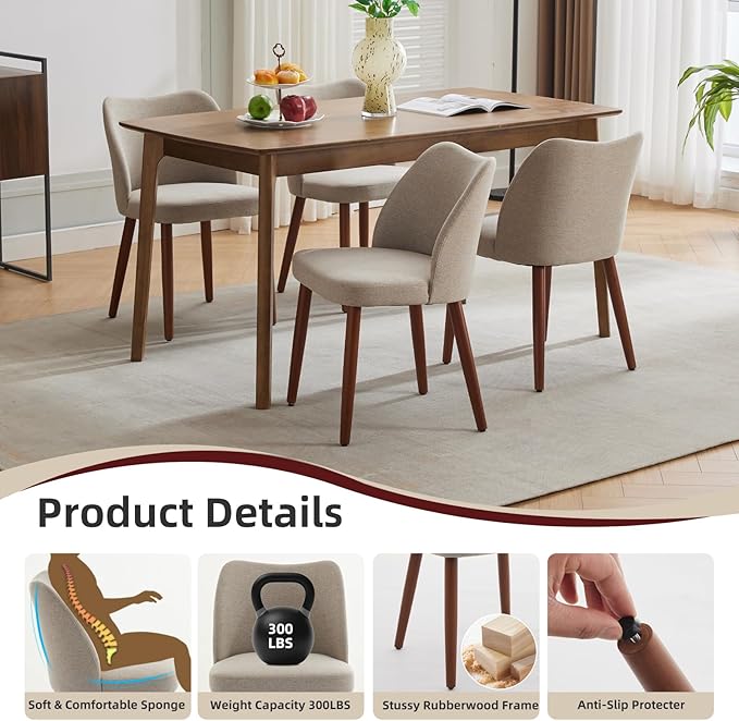 ElfinAura Dining Chair Set of 2, Linen Upholstered Dining Chair with Wood Legs, Wing Backrest, Wooden Kitchen Chair, Kitchen Chairs with Thick Cushions for Dining Room, Living Room, Khaki