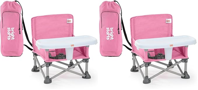Bright Starts Pop 'N Sit Portable Booster, Indoor/Outdoor Use, Floor Seat with Feeding Tray, Pink, 6 Mos - 3 Yrs (Pack of 2)