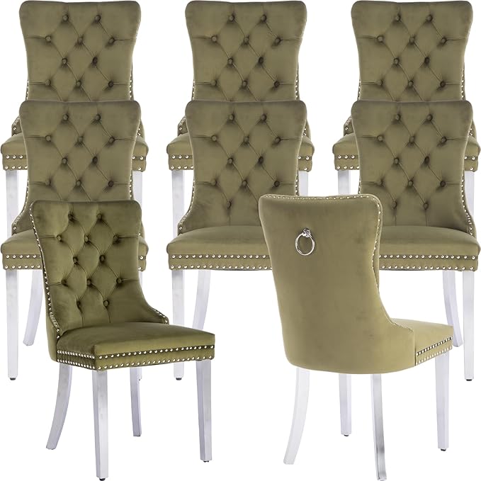 YeahFurn Mid Century Modern Dining Chairs Set of 8, Olive Velvet Upholstered Tufted Back, Kitchen & Dining Room Chairs, Brushed Silver Metal Legs, Nailhead Trim, Sillas para Comedor (Olive, 8 Pcs)