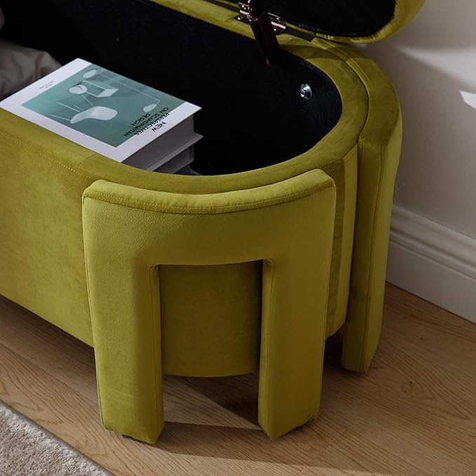 DM Furniture Modern Velvet Ottoman with Storage Entryway Bench for Living Room Comfy Upholstered End of Bed Bench with Safty Hinge for Bedroom/Living Room/Lounge/Corner, Olive