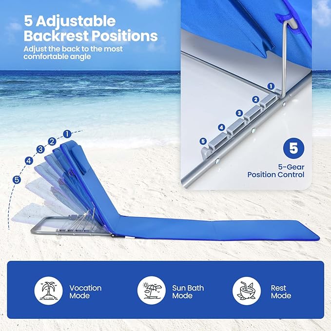 Nightcore 3-Piece Beach Chairs Set for Adults, Adjustable Lawn Chair with Side Table for Outdoor Relaxing & Sun Tanning, Portable & Folding Recline Chaise Lounge for Beach, Patio, Camping (Blue)