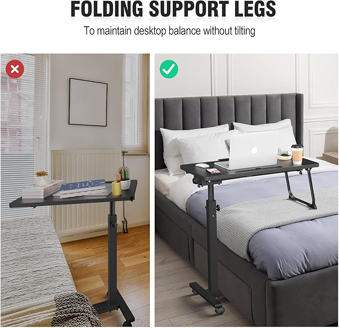 Adjustable Overbed Bedside Table, Hospital Bed Table with Wheels, Portable Rolling Desk, Mobile Small Standing Desk, Rolling Laptop Stand, Computer Cart
