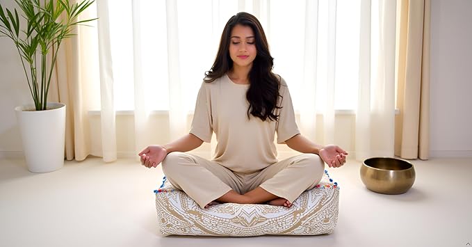 CRAFT KALA 24" Square Large Hippie Mandala Meditation Floor Ottoman Pillow Cushion Pouf Cover Square Poufs Bohemian Circle Floor Cushion Case Outdoor Fireplace Living Room Decor Cover Golden Ombre