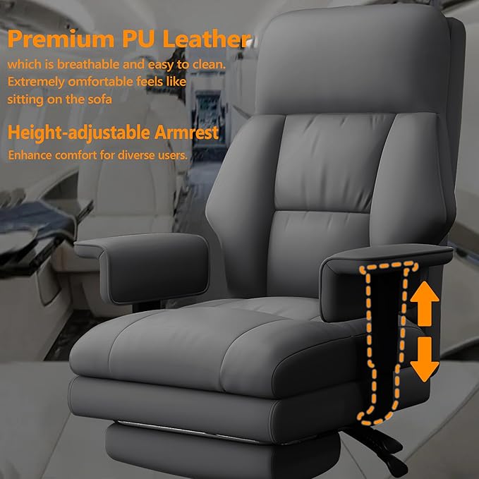 WXJHL Office Chair with Leg Rest, Leather High Back Executive Office Chair with Wheels, Ergonomic Desk Chairs with Lumbar Support for Home Office, Gray