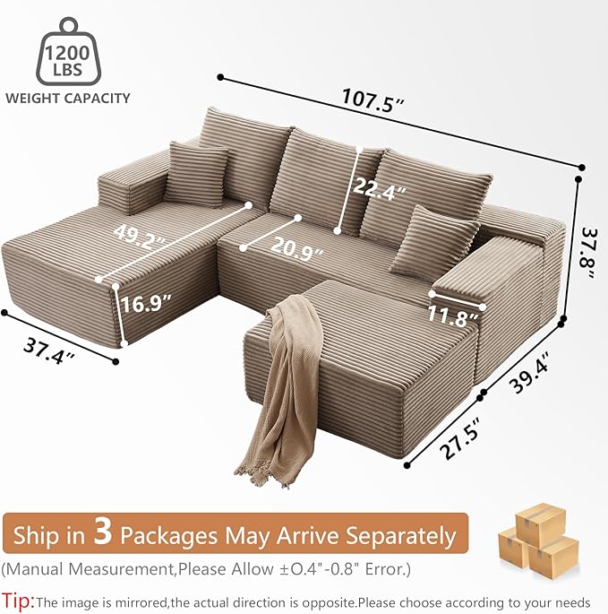 107.5" W Cloud Sectional Couch with Ottoman,Modern U-Shaped Cloud Couch with Deep Seat,Comfy Corduroy 4-Seater Sofa,Memory Foam Sofa for Living Room,No Assembly (Camel,Left-Facing Chaise)