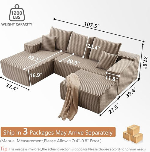107.5" W Cloud Sectional Couch with Ottoman,Modern U-Shaped Cloud Couch with Deep Seat,Comfy Corduroy 4-Seater Sofa,Memory Foam Sofa for Living Room,No Assembly (Camel,Left-Facing Chaise)