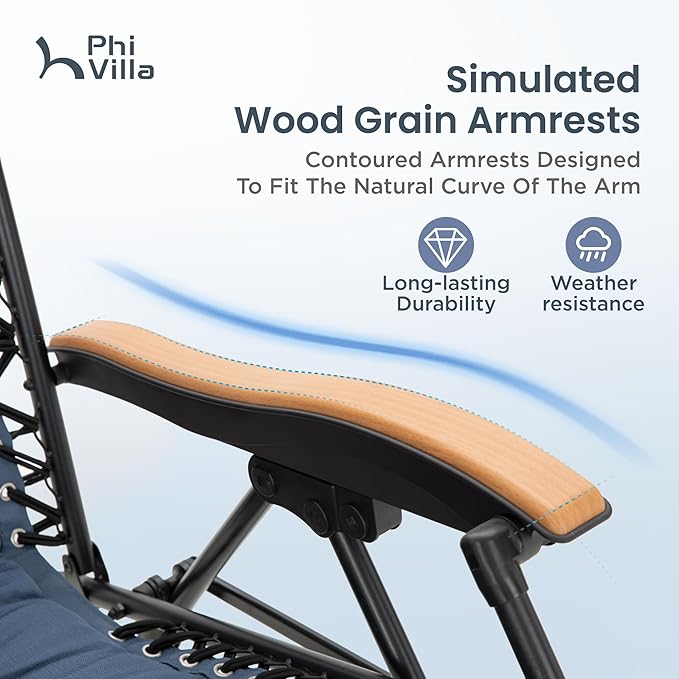 PHI VILLA XXL Oversized Padded Zero Gravity Chair Set of 2, Foldable Patio Recliner, 30" Wide Seat Anti Gravity Lounger with Armrest and Cup Holder, Support 400 LBS (Blue Accents)