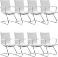 DM Furniture White Office Desk Chair No Wheels Set of 8 PU Leather Computer Chairs Mid Back Guest Chairs for School Reception Conference Waiting Room, White