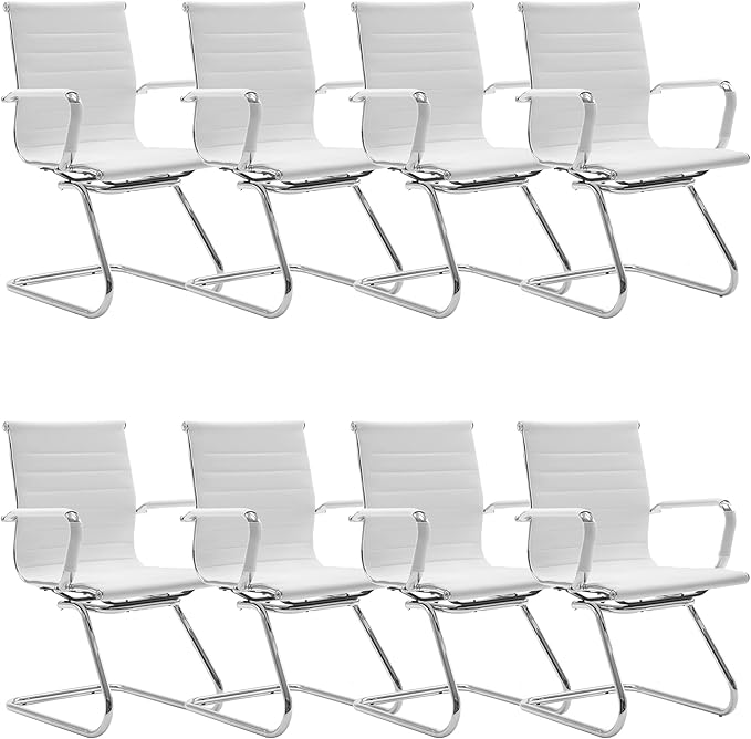 DM Furniture White Office Desk Chair No Wheels Set of 8 PU Leather Computer Chairs Mid Back Guest Chairs for School Reception Conference Waiting Room, White