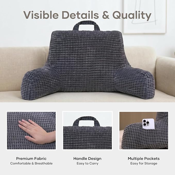 NOONTIDE Reading Pillow with Top Handle,Uniquely Designed Soft Fabric, Ergonomic Back Support for Bed,Cover Washable Sit up Pillow,Watching TV/Gaming/Relaxing(Grey)