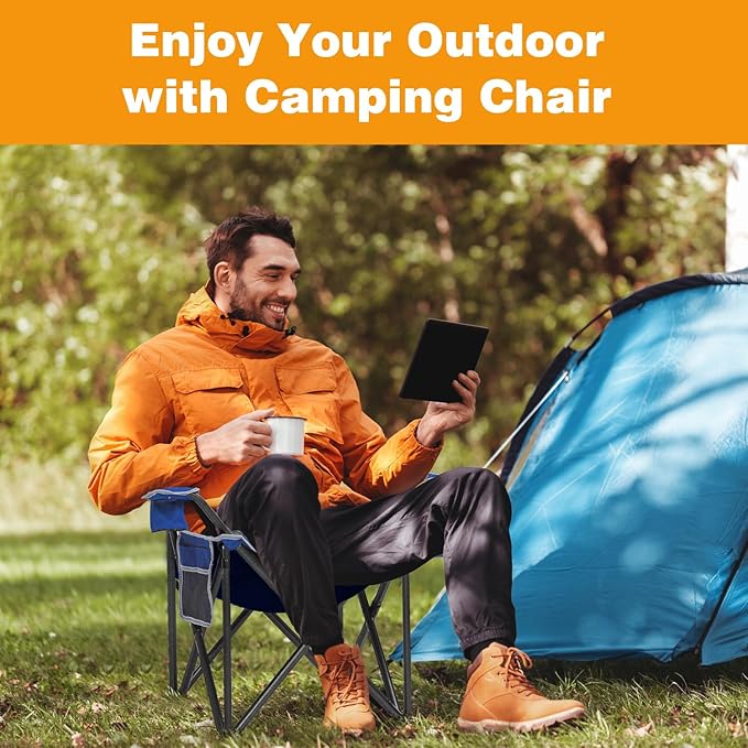 SAILARY 2PCS Folding Camping Chair Portable Outdoor Heavy Duty Padded Chairs Lawn Chair with Cup Holder, Storage Pocket and Cooler Bag, Supports 450LBS Blue