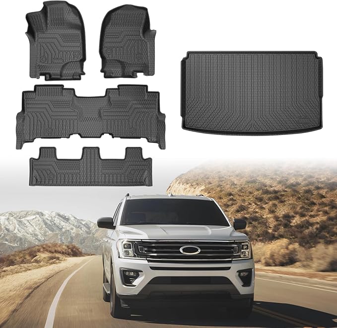 Mixsuper Floor Mats & Cargo Liner for Ford Expedition Max 2018-2024 8 Seats,All Weather TPE Floor Liner Trunk Cargo mat Protectors,Full Set Car Mats for Expedition Max Accessories,Black