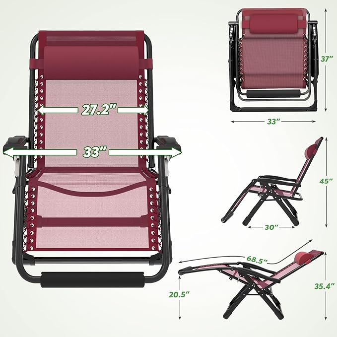ZENPETIO Oversized Zero Gravity Chair, 33In XXL Zero Gravity Recliner Lounge Chair, Anti Gravity Chair for Indoor and Outdoor, Reclining Camping Chair for Lawn and Patio w/Cushion and Footrest, 500LBS