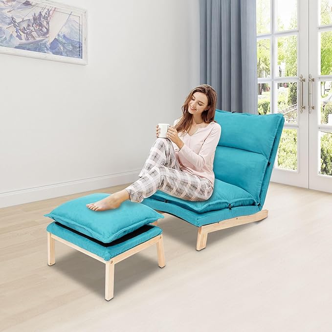 Single Lazy Leisure Chair, Adjustable Recliner Balcony Reclining Japanese Tatami Chair with Ottoman, Floor Seating Lounge Chair with Backrest and Footrest, Upholstered Chair for Living Bedroom (Blue)