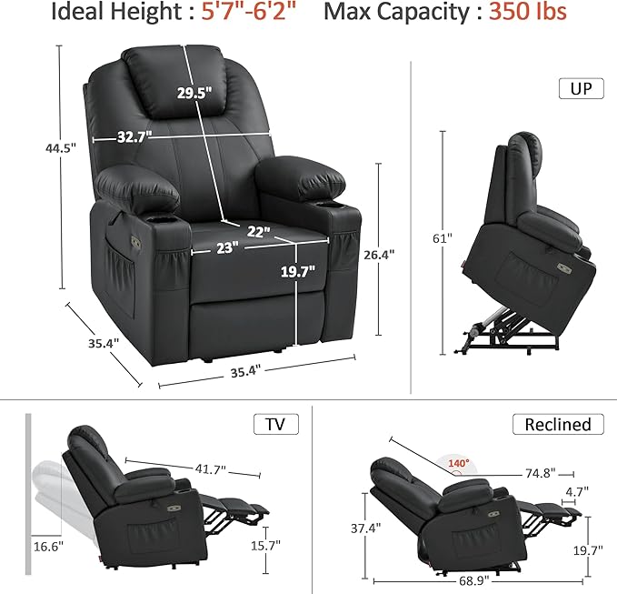 MCombo Large Power Lift Recliner Chair with Massage and Heat for Tall Elderly People, 3 Positions, Cup Holders, and USB Ports, Faux Leather 7516 (Large, Black)