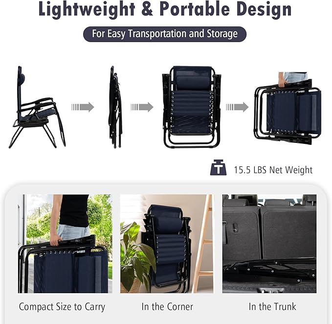 Tangkula Set of 2 Zero Gravity Chair, Folding Patio Lounge Chair Adjustable Outdoor Recliner with Cup Holder, Wide Armrest for Patio Garden Poolside Outdoor Yard Beach, Support 350 lbs (2, Navy Blue)
