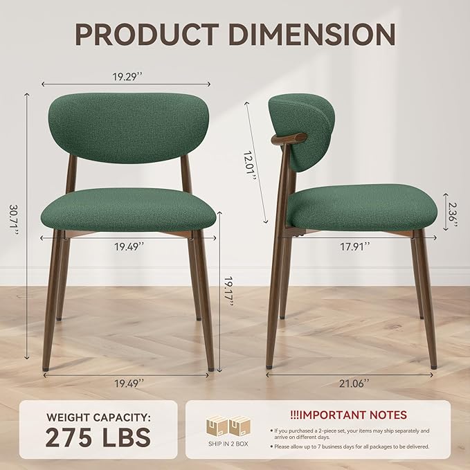 Dining Chairs Set of 2, Curved Back Kitchen Room Chairs with Metal Legs and Anti Slip Pads, Upholstered Dining Chair for Home and Restaurant, Green
