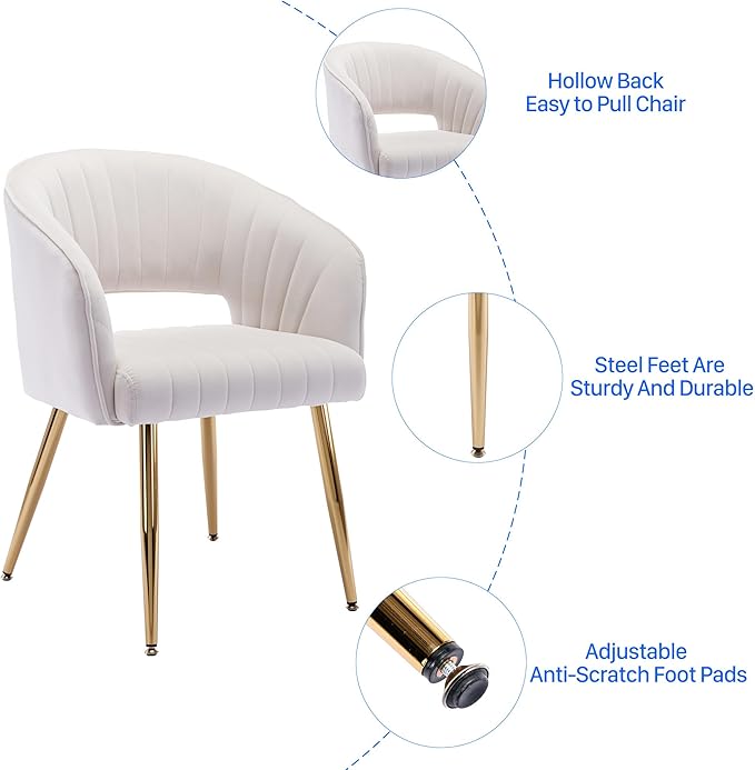 KCC Modern Accent Dining Chairs, Set of 6, Velvet Dining Chairs with Tufted Hollow Back & Gold Metal Legs for Living Room, Dining or Restaurant - Cream