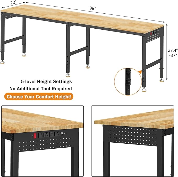 Betterhood 96" Adjustable Workbench, 5000 LBS Heavy Duty Work Table with Power Outlets & Pegboard, Rubber Wood Workstation for Garage, Workshop, Office, Home, Commercial