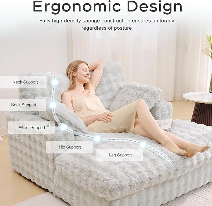 52.5 Inch Oversized Chaise Lounge Chair Indoor, Faux Fur Upholstered Sleeper Couch, Ergonomic Deep Seat Sleeper Sofa with Plush Pillows, Cup Holders, USB Port,Reading Chairs for Living Room/Light Grey