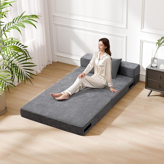 HOMFINE Folding Sofa Bed - Convertible Sleeper Chair with Pillow, Fold Out Couch, Memory Foam Floor Mattress, Futon Couch, Lazy Sofa for Living Room/Dorm/Guest Room/Home Office, Twin, Grey