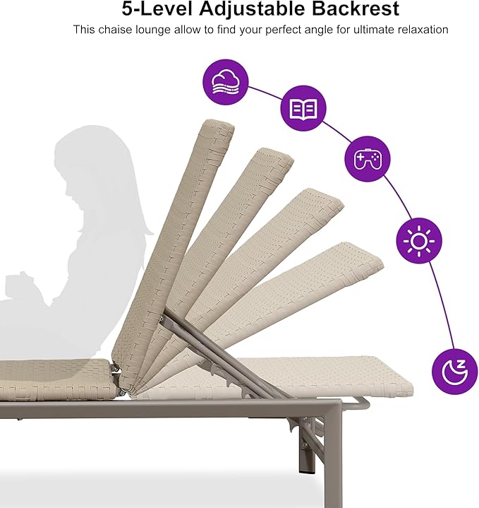 PURPLE LEAF Patio Chaise Lounge Chairs Outdoor Set of 2, Wicker Pool Lounge Chairs for Outside with Adjustable Backrest, Aluminum Sunbathing Lounger for Patio, Poolside, Garden, Khaki