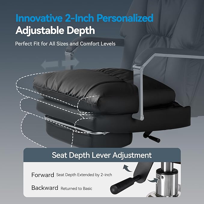 M76 Recline Office Chair with Footrest, 160° Infinite Reclining 10" Thick Executive Desk Chair, 420lb Heavy Duty Big and Tall, Adjustable Seat Depth, Black