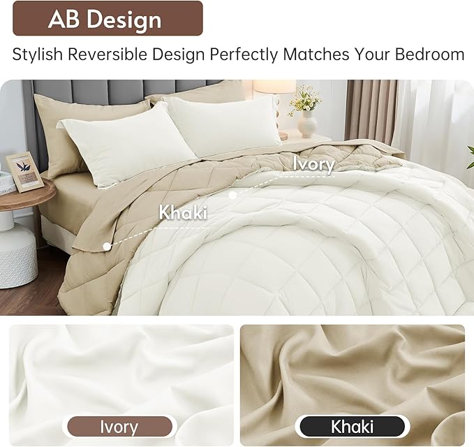 MUXHOMO 7 Pieces King Comforter Set, Reversible Bed in a Bag King Size, All Season Bedding Set with Comforter, Flat Sheet, Fitted Sheet, Pillowcases & Shams, Ivory & Khaki