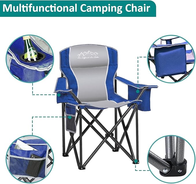 SAILARY Camping Chair Heavy Duty High Back Folding Chair with Cup Holder, 450lbs Capacity, Padded Seat, Cooler Bag & Storage Pocket, Portable for Outdoor, Beach, Fishing, Sports, 2 Pack Blue