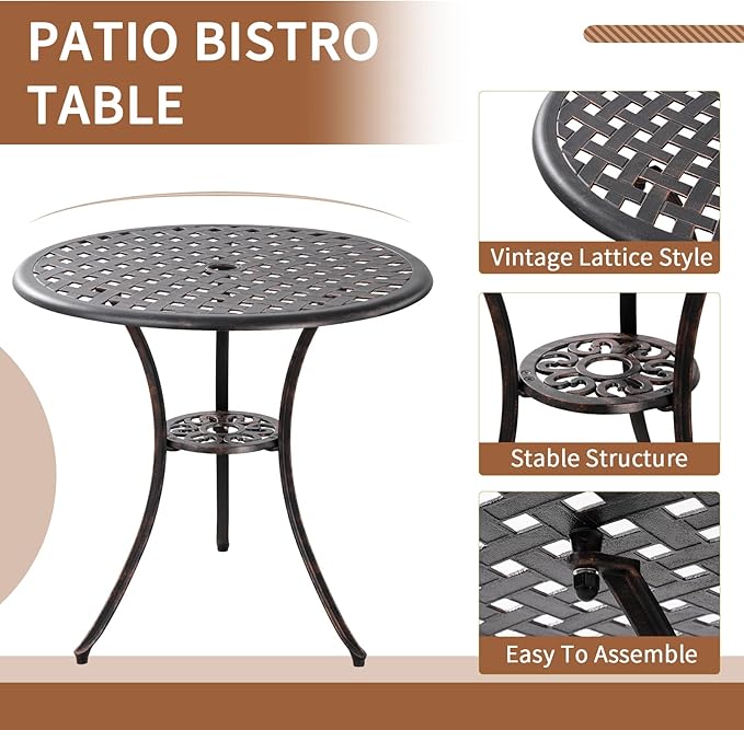 Withniture Bistro Set 3 Piece Outdoor Cast Aluminum Patio Bistro Set with 1.97” Umbrella Hole, Patio Table and Chairs Set of 2 Metal Furniture Set for Porch, Yard, Bronze