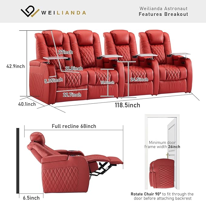 Weilianda Home Theater Seating Top Grain Leather Zero Gravity Recliner Chair Power Headrest Recline Movie Seat Gaming 7 Colors Mood Light Sofa with Tray Table USB Charge Row of 4 Loveseat Left Red