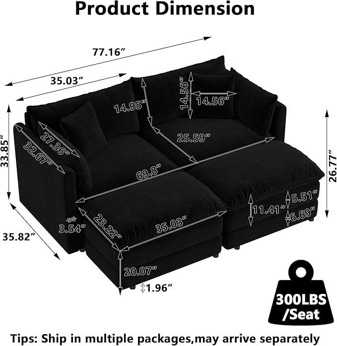Aoowow Modular Sectional Sofa Modern Convertible Loveseat Couch,77.16 Inch Deep 2-Seater Sofas Comfy Chenille Cloud Sofas and Couches Set with 2 Movable Ottoman for Living Room Apartment（Black）