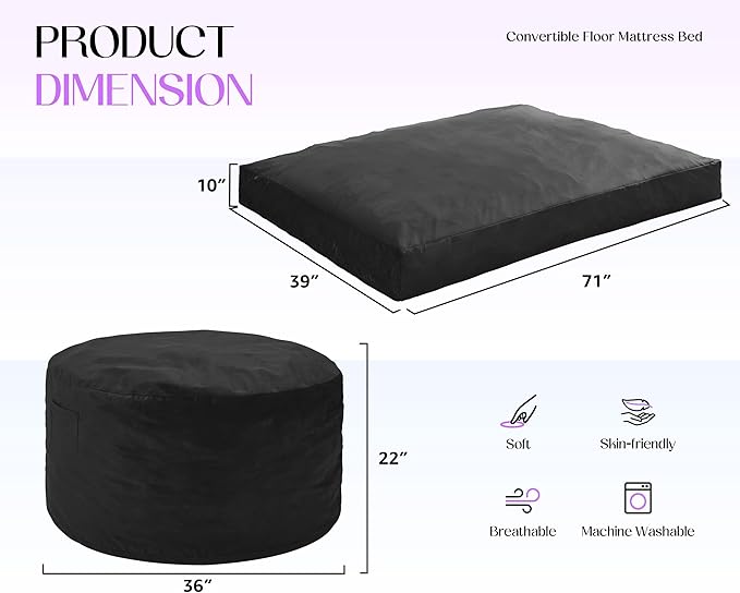 Hobestluk Giant Bean Bag Chair Bed for Adults, Large Bean Bags with High-Density Foam Filling, Convertible Big Sofa Bed Couch for Living Room, Bedroom, Playroom (Black, Twin)