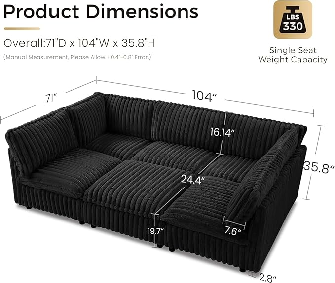 KKL Modular Sectional Sofa Bed, Convertible L/U-Shaped Sleeper Couch for Living Room, Modern Reversible Design, Black