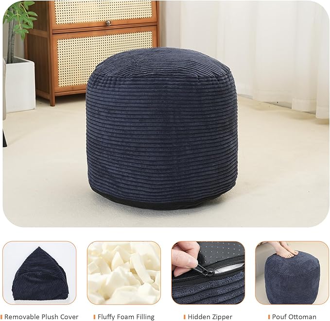 Yueyocici Pouf Ottoman Stuffed Round Modern Foam Filled Foot Rest Poufs for Living Room Chair Decorative 20 X 15 Inches Fluffy Pouf Foot Stool Storage Ottoman, Navy Blue