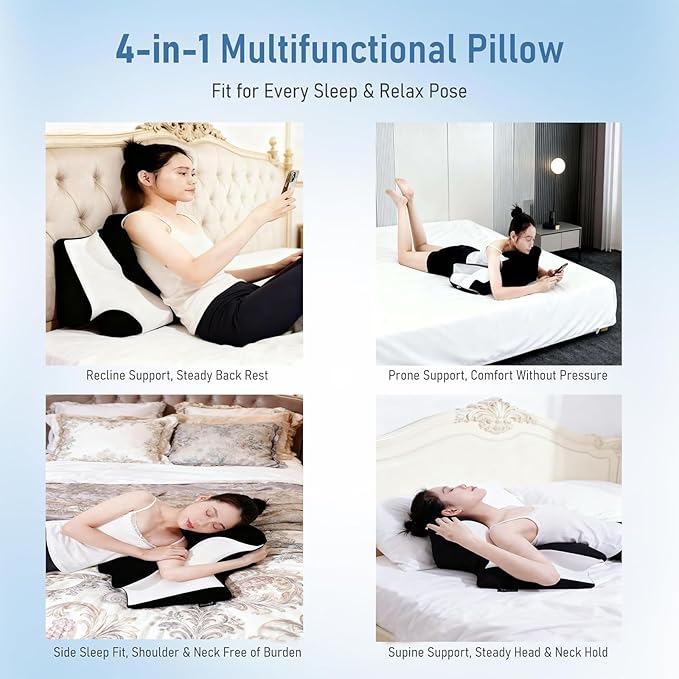 wuFQecht Bed Rest Reading Pillow，Neck&Chin and Back Support Pillow，Headboard Wedge Pillow，Ergonomic Memory FoamLying, Reclining, and Prone Sleepers，Sitting up Pillow，Relieve Neck/arm Pain-Black