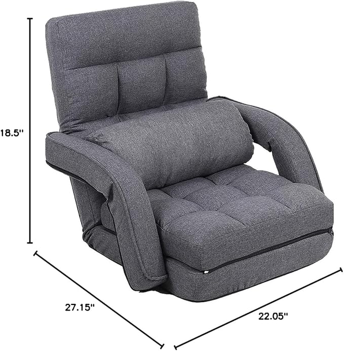 FLOGUOR Indoor Floor Gaming Chairs for Adults with Back Support,Chaise Lounge, 14-Position Folding Lazy Sofa with Pillow for Living Room, Bedroom, Balcony(Grey) 8803GR
