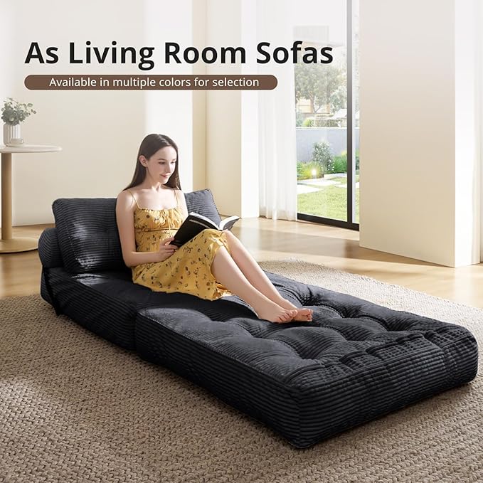 Convertible Sofa & Couch Bed - Oversized Adult Sleeper Chair & Bean Bag Chair, Foldable Floor Bed with Backrest, Comfortable Lazy Sofa for Bedroom, Living Room & Dorm (Black, Single)