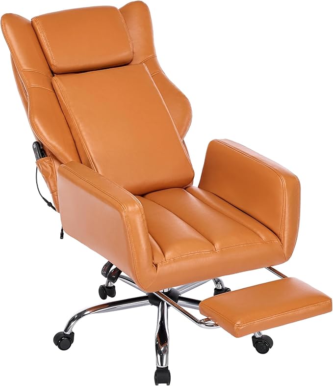 DYHOME Orange Leather Office Chair with Massage and Footrest, Heavy Duty Task Desk Chairs,Swivel Ergonomic Computer Gaming Chairs with Lumbar Support, Wheels Flip-up Arms Adjustable Height