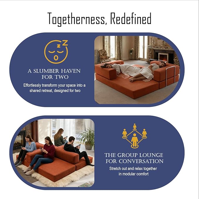 79 Inch Convertible Sofa Bed Couch in Box, 5 in 1 Folding Modular Boneless Couch with Pull Out Bed 2 Pillows, Soft Corduroy Floor Futon Lounge Loveseat Sleeper Lazy Cama No Assembly Orange