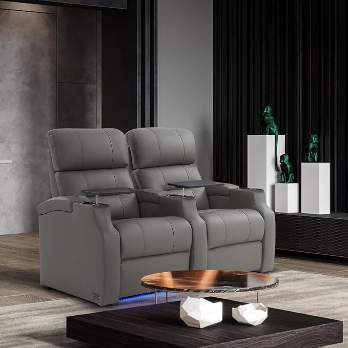 Weilianda Home Theater Seating, Top Grain Leather Sectional Seats Recliner Chair, Zero Gravity Reclining Sofa with Power Headrest 7 Colors Ambient Lighting USB C Charge Row of 2 Grey