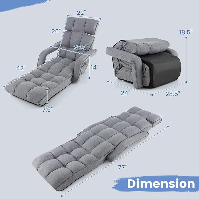 DORTALA Foldable Lazy Floor Sofa, Indoor Chaise Lounge Sofa, 6-Position Folding Padded Lounger Bed with Adjustable Armrest, Backrest and Footrest for Living Room, Bedroom, Office, Gray
