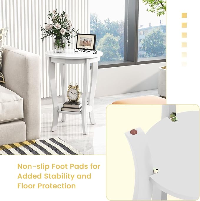 GOFLAME 2-Tier Round End Table Set of 2, 18” Sofa Side Table with Storage Shelf, Floor Tea Table with Solid Wood Legs, Compact Nightstand for Small Space, Living Room, Bedroom, White