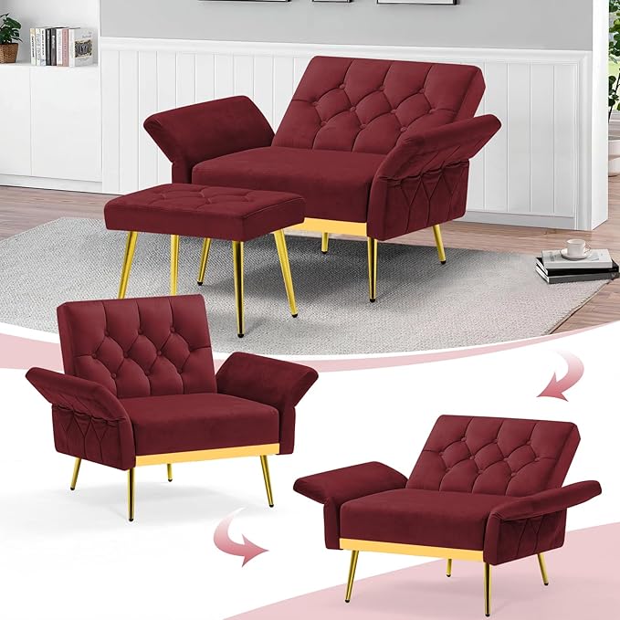 ACMEASE Velvet Accent Chair w/Adjustable Armrests and Backrests, Tufted Single Sofa with Ottoman, Upholstered Reading Chiar for Living Room, Apartment, Bedroom, Red