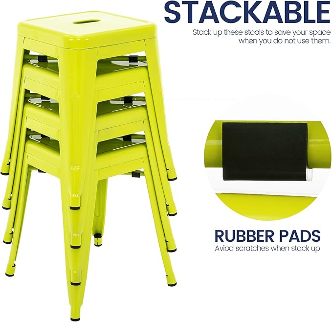 Brage Living 18 Inch Industrial Metal Stools Set of 4, Stackable Classroom Kitchen Short Stools, Backless Metal Dining Chairs for Indoor Outdoor (Lime Green)