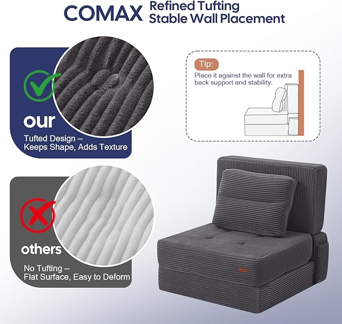 COMAX Folding Sofa Bed, Foldable Couch for Bedroom, Convertible Floor Sleeper Futon Chair Foam, Corduroy 3 in 1 Fold Out Chair Portable Comfy Lounge Couch Sofa Bed for Small Space, Single, Grey
