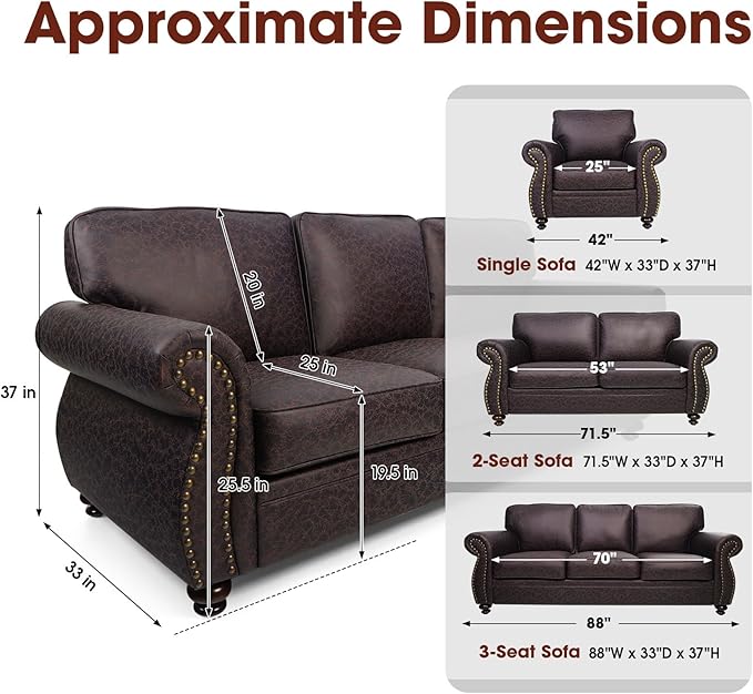 Couchus Living Room Furniture Sets,Sofa Sets and Couch Sets for Living Room,Mid-Century Vintage Sofa Couches with Rivet Design (Brown, Single+3 Seater)