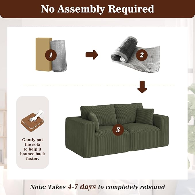 79" Modular Sectional Sofa, Cloud Couch Loveseat Memory Foam Boneless Couch with Chaise, Cozy Upholstered Corduroy Floor Couch, No Assembly Required Living Room Furniture for House Home, Green